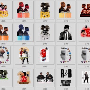 May include: A collection of twenty digital graphic designs featuring portraits of Chris Brown and Usher, with text elements including R&B, RGB TOUR, and Raymond & Brown. The designs utilize various color palettes, photographic silhouettes, and artistic layouts.