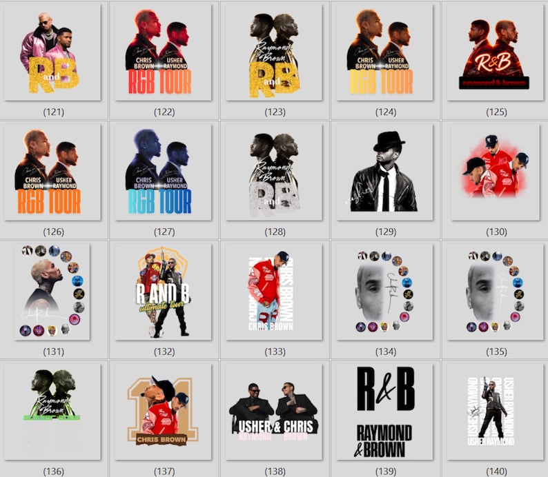 May include: A collection of twenty digital graphic designs featuring portraits of Chris Brown and Usher, with text elements including R&B, RGB TOUR, and Raymond & Brown. The designs utilize various color palettes, photographic silhouettes, and artistic layouts.