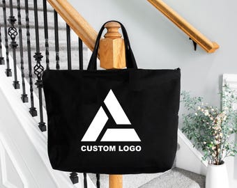 Custom Logo Cotton Tote Bag, Personalized Text Zippered Bag,