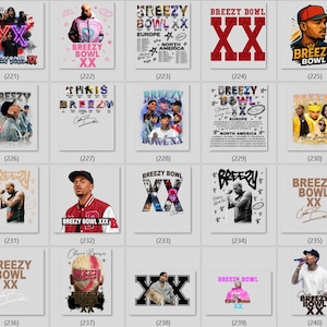 May include: A collection of twenty graphic designs featuring Chris Brown, the Breezy Bowl XX tour, and various concert imagery. The designs include portraits, tour dates, signatures, and bold typography in diverse color palettes and artistic styles.