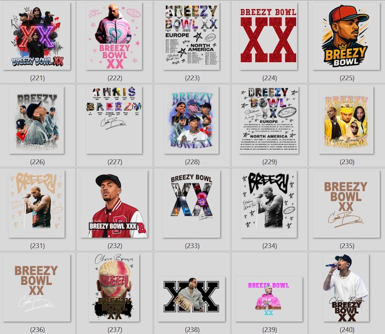 May include: A collection of twenty graphic designs featuring Chris Brown, the Breezy Bowl XX tour, and various concert imagery. The designs include portraits, tour dates, signatures, and bold typography in diverse color palettes and artistic styles.