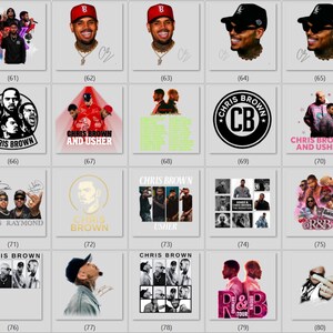 May include: A collection of twenty square graphic prints featuring Chris Brown and Usher, showcasing various portraits, concert photography, tour logos, signatures, and R&B themed designs with text labels numbered 61 through 80 on a light gray background.