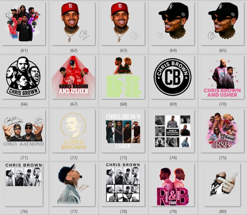 May include: A collection of twenty square graphic prints featuring Chris Brown and Usher, showcasing various portraits, concert photography, tour logos, signatures, and R&B themed designs with text labels numbered 61 through 80 on a light gray background.