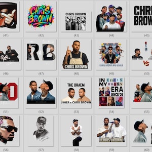 May include: A collection of twenty square graphic prints featuring Chris Brown, including various portraits, concert imagery, and stylized text designs. The images showcase different artistic styles, ranging from colorful graffiti-inspired lettering to black and white photography and collage layouts.