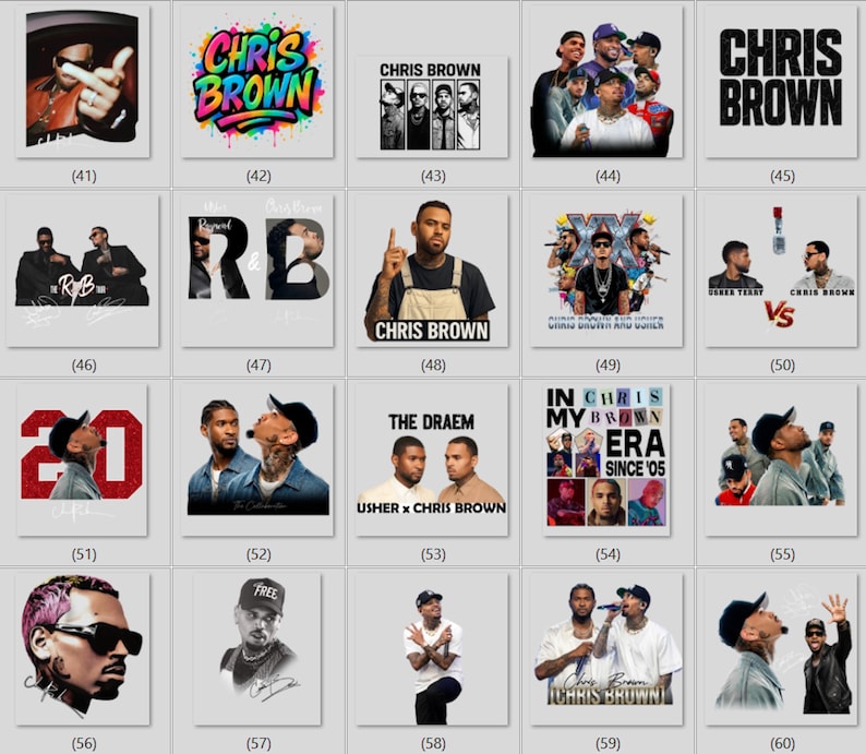 May include: A collection of twenty square graphic prints featuring Chris Brown, including various portraits, concert imagery, and stylized text designs. The images showcase different artistic styles, ranging from colorful graffiti-inspired lettering to black and white photography and collage layouts.