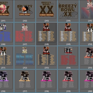 May include: A collection of twenty graphic designs featuring Chris Brown tour merchandise. Each square panel displays various layouts including the Breezy Bowl logo, R&B Tour text, tour dates, and photographic portraits of the artist in different color schemes.