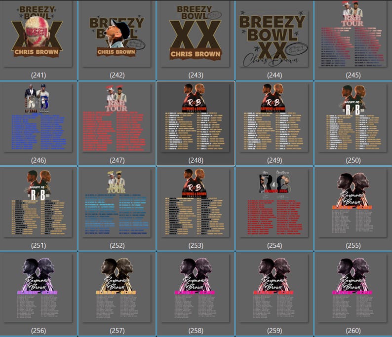 May include: A collection of twenty graphic designs featuring Chris Brown tour merchandise. Each square panel displays various layouts including the Breezy Bowl logo, R&B Tour text, tour dates, and photographic portraits of the artist in different color schemes.