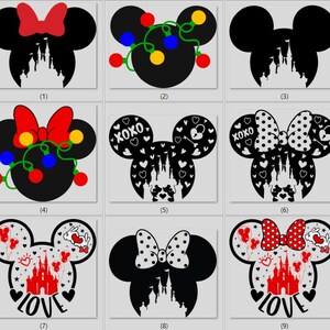 May include: A collection of black Mickey Mouse head silhouettes with various designs. Some feature bows, Christmas lights, or the word "LOVE." Others include castle and heart motifs, perfect for Disney fans.