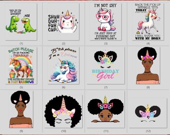 Afro Girl Unicorn DTF Transfer, Ready to Press, Cartoon Graphic for Kids Shirts.