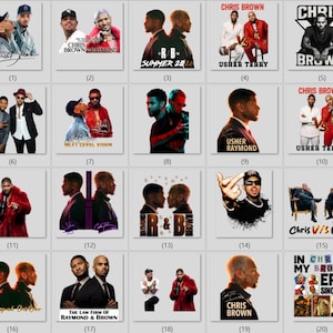 May include: A collection of twenty square graphic prints featuring portraits of musicians Chris Brown and Usher in various poses, outfits, and artistic layouts, with text overlays including names, song titles, and phrases like In My Era.