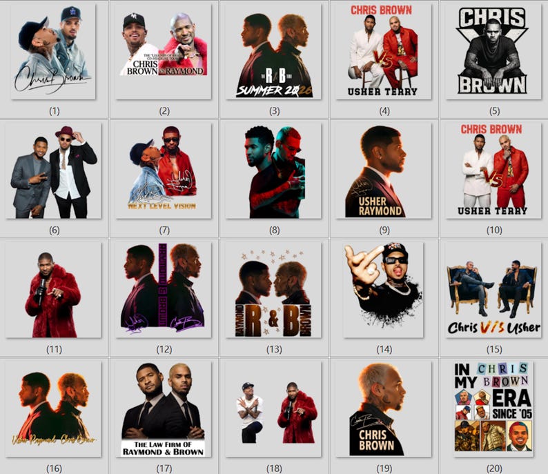 May include: A collection of twenty square graphic prints featuring portraits of musicians Chris Brown and Usher in various poses, outfits, and artistic layouts, with text overlays including names, song titles, and phrases like In My Era.