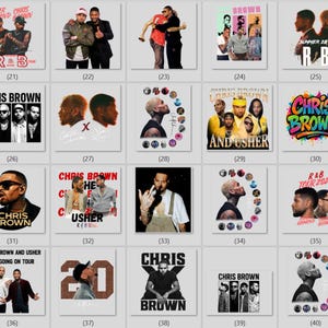 May include: A collection of twenty graphic designs featuring Chris Brown and Usher, showcasing various photographic portraits, tour-themed text, graffiti-style lettering, and collage elements in both color and black and white layouts.