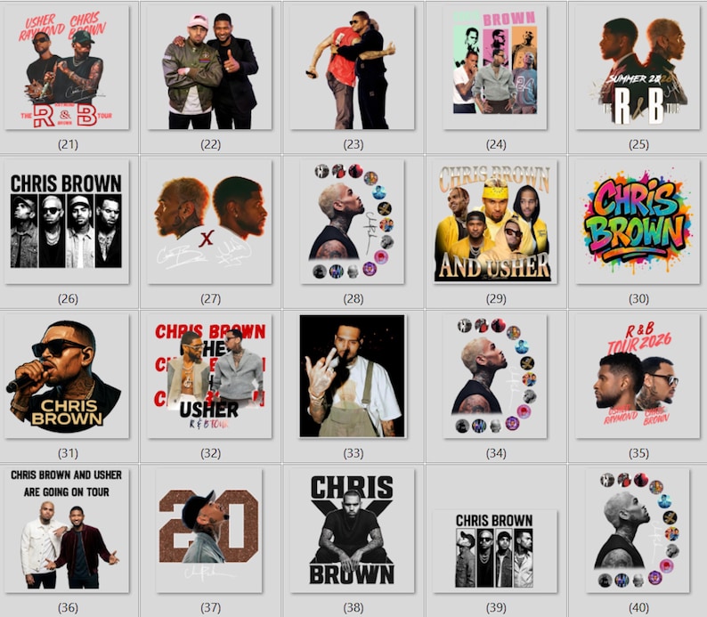 May include: A collection of twenty graphic designs featuring Chris Brown and Usher, showcasing various photographic portraits, tour-themed text, graffiti-style lettering, and collage elements in both color and black and white layouts.