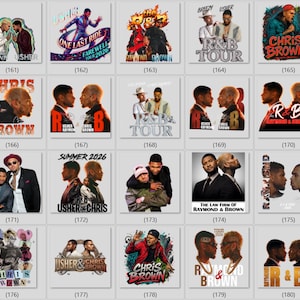 May include: A collection of twenty square graphic prints featuring portraits of Usher and Chris Brown, showcasing various artistic styles, concert tour branding, and text overlays including names, tour dates, and R&B references in diverse color palettes.