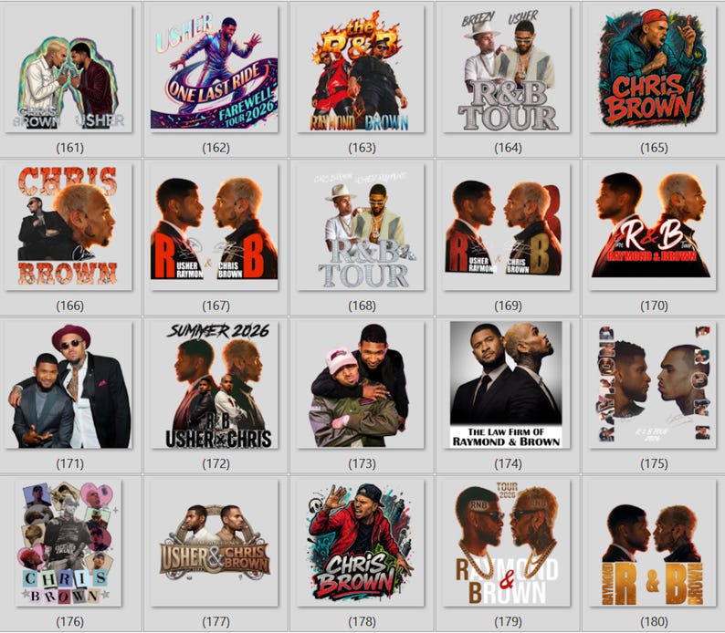 May include: A collection of twenty square graphic prints featuring portraits of Usher and Chris Brown, showcasing various artistic styles, concert tour branding, and text overlays including names, tour dates, and R&B references in diverse color palettes.