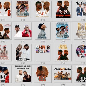 May include: A collection of twenty square graphic designs featuring portraits of Chris Brown and Usher, with text elements including R&B Tour, Raymond & Brown, and Summer 2024, arranged in a grid format with numbered labels from 181 to 200.