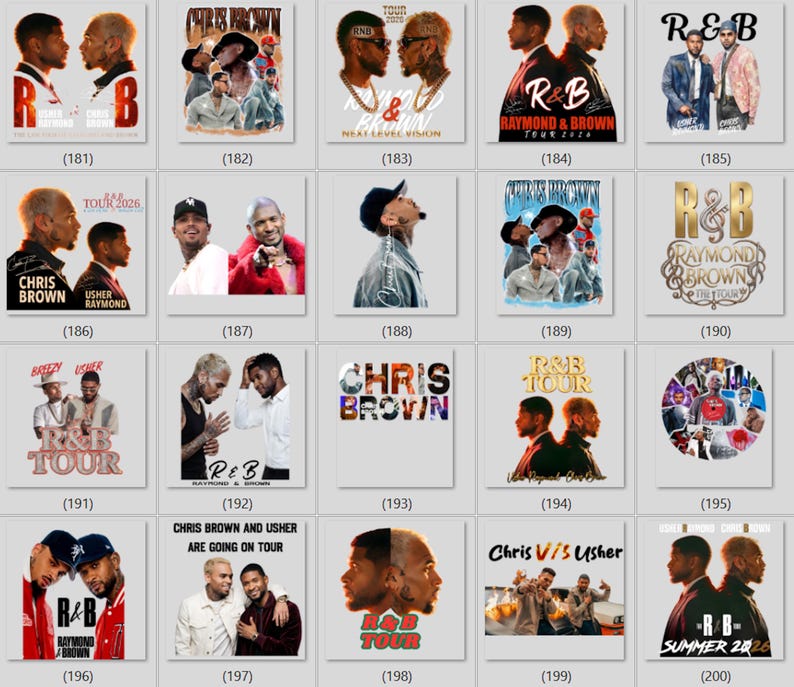 May include: A collection of twenty square graphic designs featuring portraits of Chris Brown and Usher, with text elements including R&B Tour, Raymond & Brown, and Summer 2024, arranged in a grid format with numbered labels from 181 to 200.