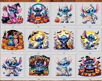 May include: A collection of twelve DTF transfers featuring the character Stitch in various Halloween-themed scenes, including mummy costumes, witch hats, pumpkins, cauldrons, and bats, with the text Ready To Press and 630 DTF Transfer visible.