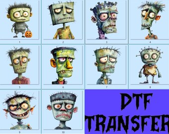 May include: A collection of ten distinct cartoon zombie illustrations numbered one through ten, featuring various green-skinned characters with stitches, large eyes, and expressive faces, alongside the text DTF TRANSFER in black.