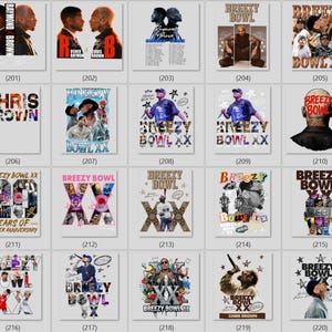 May include: A collection of twenty graphic t-shirt designs featuring Chris Brown and Usher, showcasing various photographic portraits, concert imagery, and stylized text including Breezy Bowl XX, celebrating career anniversaries with diverse layouts.
