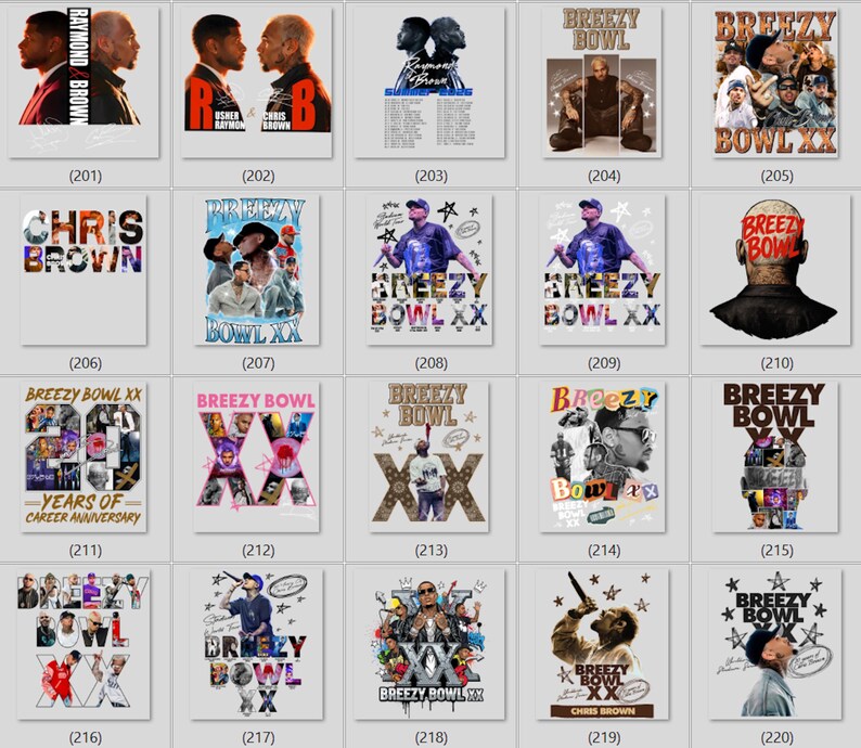 May include: A collection of twenty graphic t-shirt designs featuring Chris Brown and Usher, showcasing various photographic portraits, concert imagery, and stylized text including Breezy Bowl XX, celebrating career anniversaries with diverse layouts.