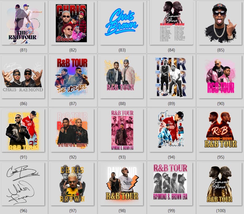 May include: A collection of twenty square graphic designs featuring Chris Brown and Ray J, showcasing various tour-themed layouts, concert photography, stylized typography, and signatures, presented in a grid format labeled from 81 to 100.