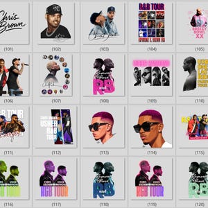 May include: A collection of twenty square graphic designs featuring portraits of Chris Brown and Usher, concert tour imagery, stylized text including R&B Tour, Raymond and Brown, and various artistic illustrations in diverse color palettes and layouts.