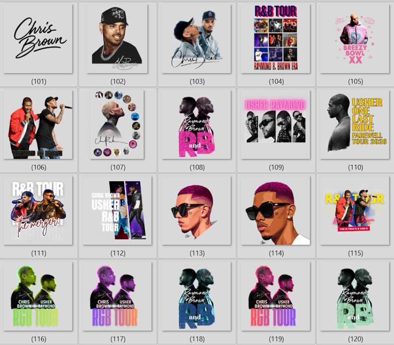 May include: A collection of twenty square graphic designs featuring portraits of Chris Brown and Usher, concert tour imagery, stylized text including R&B Tour, Raymond and Brown, and various artistic illustrations in diverse color palettes and layouts.
