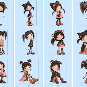 May include: A collection of twelve illustrations of a cartoon girl with black hair and big eyes. The girl is wearing various outfits, including dresses, coats, and cat-eared hoods. The color palette includes shades of brown, orange, pink, and black.