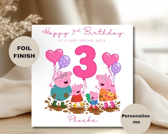 Personligt 3-årsdagskort för flicka, sött rosa grisfödelsedagskort, 3-årsdagskort för dotter, syster, barnbarn, Peppa Pig-tema