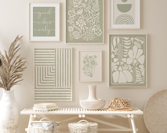 Sage Green Gallery Wall Art Set, Abstract Modern Boho Prints, Neutral Botanical Wall Decor