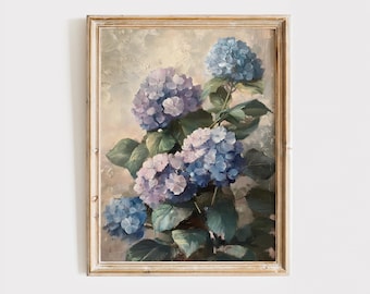 Blue Hydrangea Still Life Printable – Vintage Floral Wall Art, Botanical Flower Oil Painting, Farmhouse French Country Digital Download