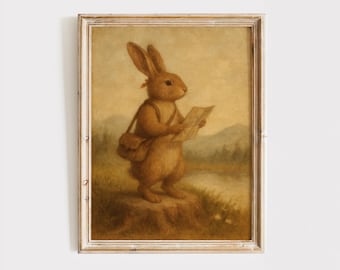 Woodland Bunny Nursery Print – Vintage Animal Character Wall Art, Storybook Rabbit Illustration, Printable Baby Room Poster, Kids Decor, A59