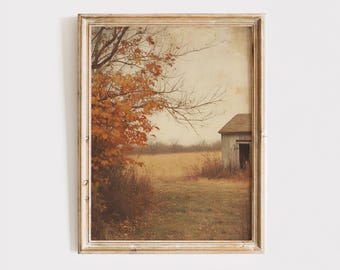 Autumn Barn Landscape Print, Rustic Fall Digital Wall Art, Vintage Country Field Poster, French Country Farmhouse Decor, Digital Art, A017