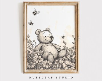 Vintage Floral Bear Nursery Print: Black and White Woodland Art (Digital Download)