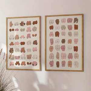 Op de afbeelding: Twee ingelijste kunstdrukken. Eén toont illustraties van borsten in verschillende huidtinten, de andere toont billen. Beide prints hebben een beige achtergrond en zijn ingelijst in houten frames. De kunst wordt op een witte muur tentoongesteld.