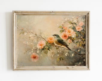 Vintage Bird and Floral Painting – Cottagecore Wall Art (Digital Download)