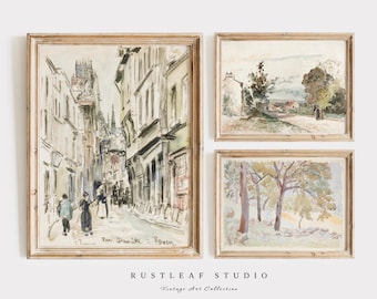 Vintage French Art Prints Set, Street Scene Landscape (Digital Download)