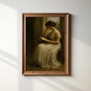 Vintage Frau beim Lesen – Dark Academia Wandkunst, literarisches Porträt im antiken Stil, Old World Gallery Download, romantisches klassisches Poster
