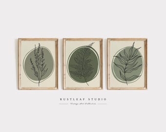 Botanical Leaf Print Set, Green Line Art, Scandinavian Decor (Digital Download)