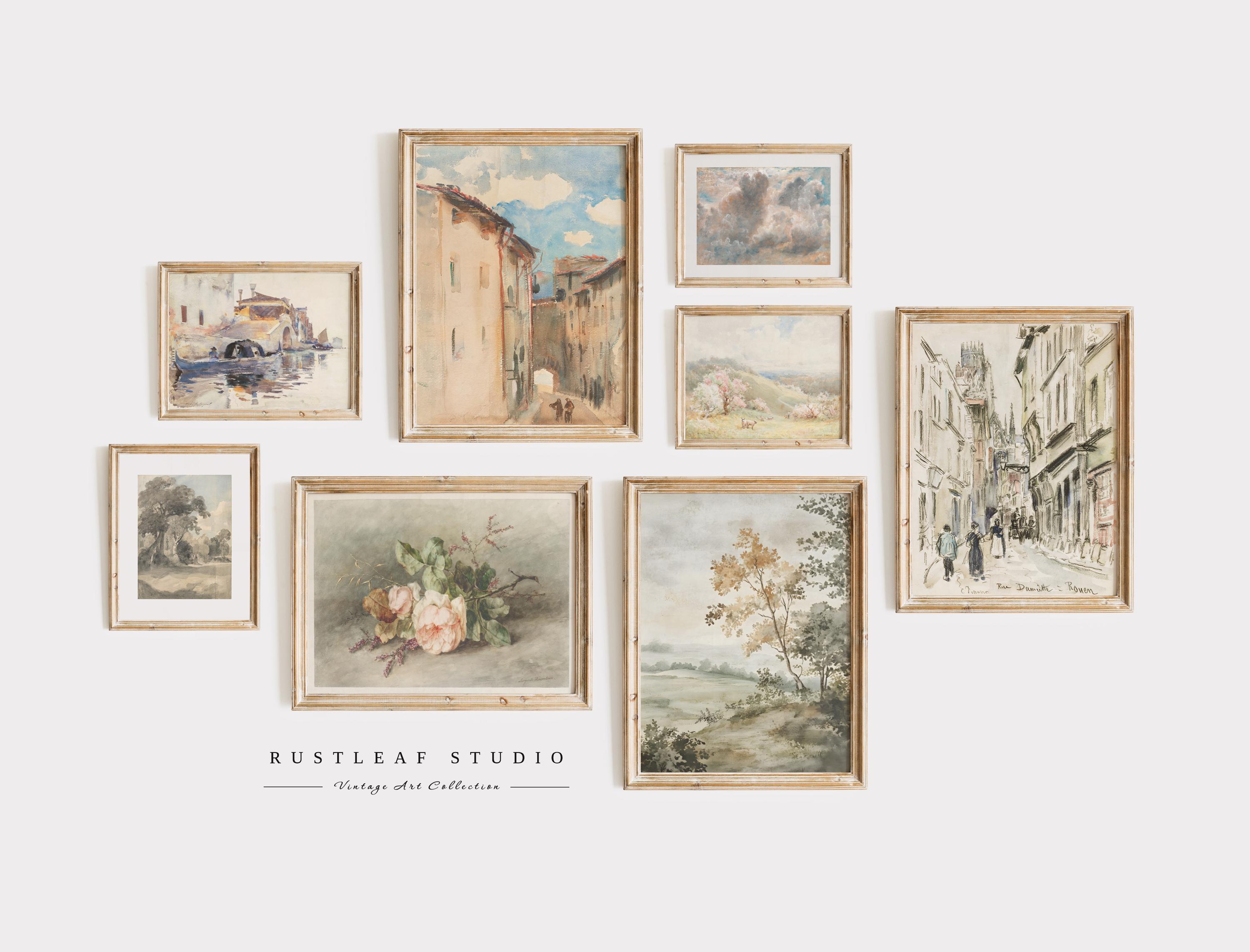 Vintage Gallery Wall Set of 8, Antique European Wall Art Gallery Bundle, Floral & Landscape Printable Digital Download Decor Collection