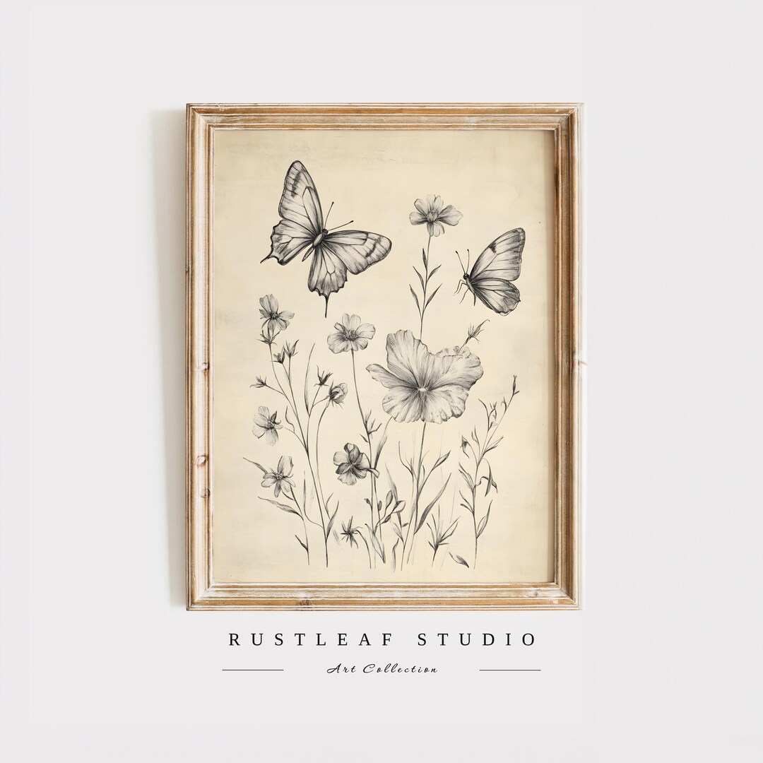 Butterfly Botanical Print: Vintage Cottagecore Floral Wall Art (digital ...