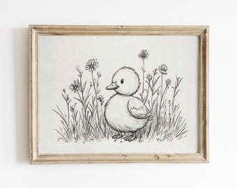 Duckling Nursery Print – Vintage Baby Duck Wall Art, Black And White Woodland Animal Sketch Poster, Printable Nursery Wall Decor, A046