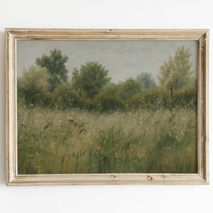 Stampa di paesaggio di prato d&#39;epoca: arte murale rustica di campagna (download digitale)