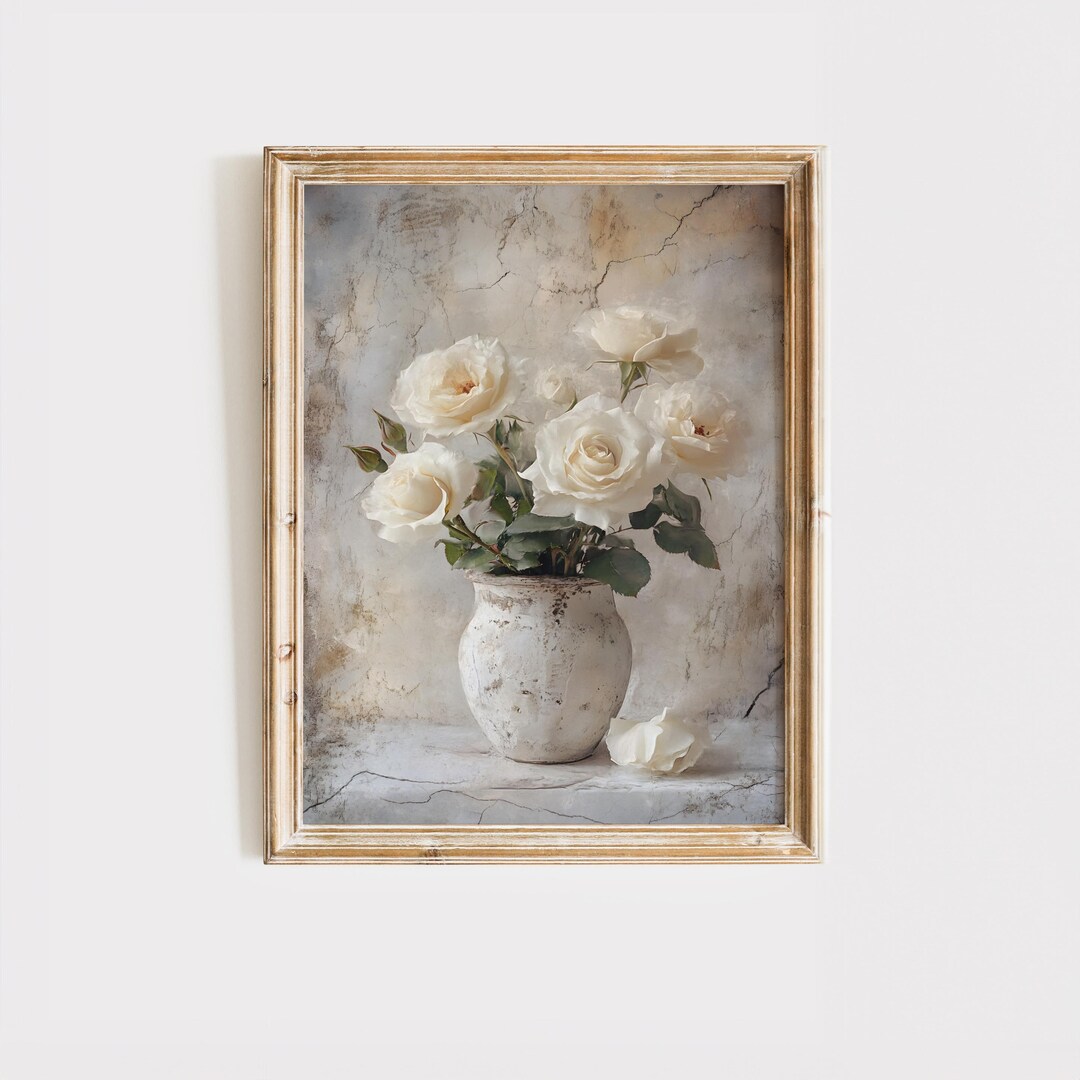 White Rose Wall Art Printable, Vintage Floral Still Life for Shabby ...