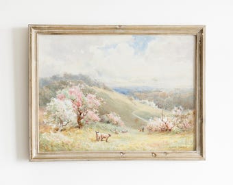 Vintage Spring Landscape Print, Floral Field with Sheep (Digital Art)