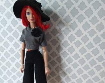Grey mod top, black wide leg cropped pants and felt hat for Jem Holograms fashion dolls