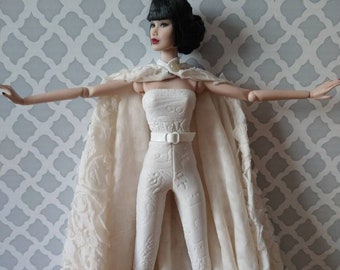 White cape and jumpsuit for 12" fashion dolls