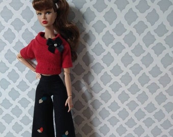 Red mod top and black wide leg pants for Poppy 12" fashion dolls