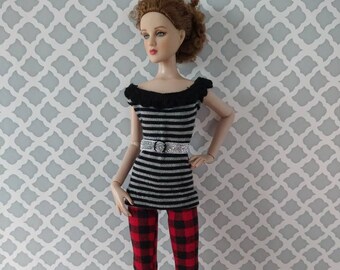 Striped top and plaid pants for 16" fashion dolls